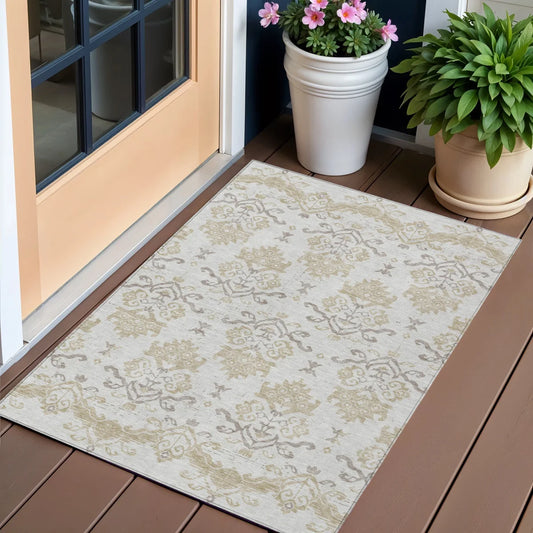 Homeroots 3' X 5' Ivory Beige And Taupe Oriental Washable Indoor Outdoor Area Rug